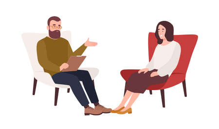 Female patient in armchair and male psychologist, psychoanalyst or psychotherapist sitting in front of her and talking. Psychology, psychotherapy, psychological aid. Flat cartoon vector illustration.のイラスト素材