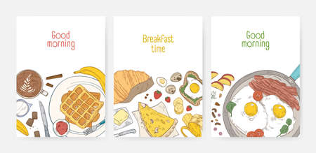 Collection of poster or card templates with tasty healthy breakfast meals and morning food - fried eggs, wafers, coffee. Realistic vector illustration for cafe or restaurant advertisement, promotion.のイラスト素材
