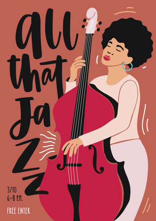 Jazz music performance, concert or festival advertisement poster or flyer template with African American female musician playing double bass. Flat vector illustration in contemporary art style.のイラスト素材