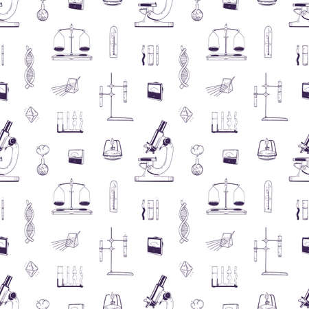 Realistic seamless pattern with chemistry and physics laboratory equipment hand drawn with lines on...