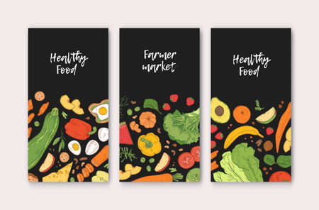 Set of vertical banner templates with healthy food, fresh delicious ripe fruits and vegetables on black background. Hand drawn realistic vector illustration for farmers market advertisement, promoのイラスト素材