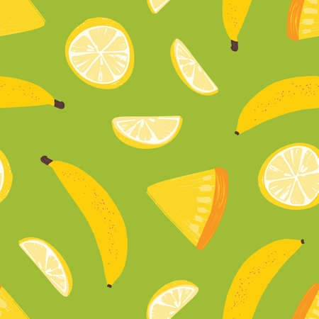 Tropical seamless pattern with exotic fresh juicy fruits on green background. Backdrop with bananas, lemon and mango slices. Flat summer natural vector illustration for wrapping paper, textile print.のイラスト素材