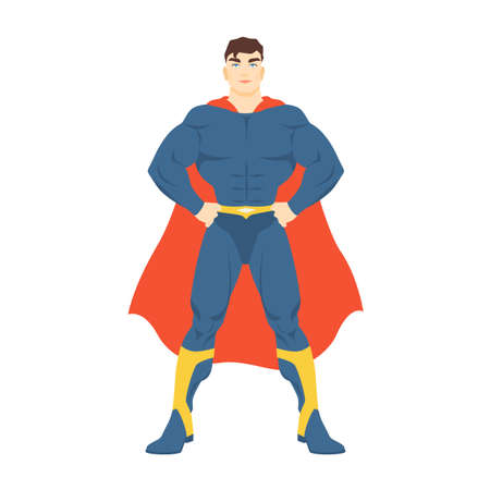 Male superhero. Man with muscular body wearing bodysuit and cape standing in powerful posture. Fantastic character with super power. Colorful vector illustration in flat cartoon style.のイラスト素材