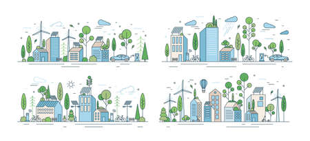 Collection of cityscapes or urban landscapes with eco city using ecologically friendly technologies - wind power, solar energy, electric transport. Modern vector illustration in line art styleのイラスト素材