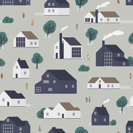 Seamless pattern with residential houses or village cottages in Scandic style and walking people. Backdrop with suburban dwellings. Flat colorful vector illustration for wrapping paper, textile print.のイラスト素材
