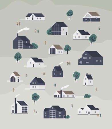 Banner template with town district with country cottages of modern Scandic architecture and walking people. Background with suburban living buildings or real estate. Flat cartoon vector illustrationのイラスト素材