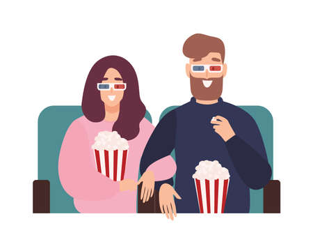 Young man and woman in 3d glasses watching film or movie together at cinema theater. Romantic date with partner found online through mobile dating application. Flat cartoon vector illustrationのイラスト素材