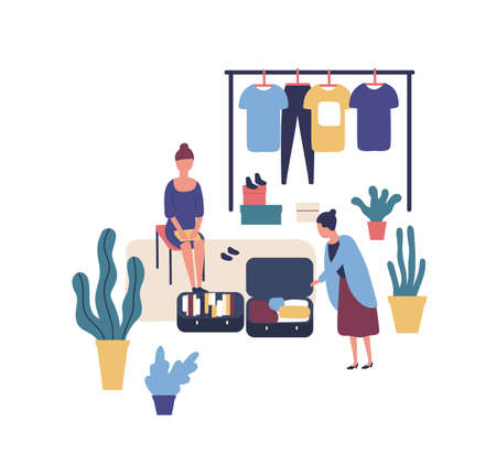 Woman selling stylish vintage clothes at garage sale. Cute funny female seller and customer at summer outdoor fashion festival, flea market or rag fair. Flat colorful cartoon vector illustrationのイラスト素材