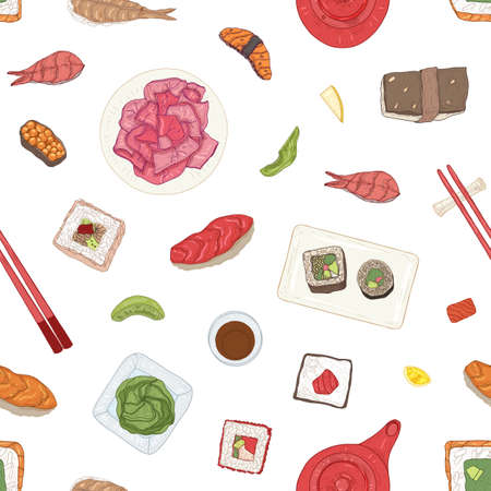 Seamless pattern with Japanese sushi, sashimi, rolls, wasabi, ginger, soy sauce on white background. Backdrop with traditional delicious Asian seafood meals. Realistic hand drawn vector illustrationのイラスト素材