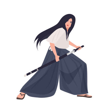 Female Japanese warrior or samurai girl. Young woman in kimono standing in fighting stance and holding katana sword isolated on white background. Brave fighter. Flat cartoon vector illustration.のイラスト素材