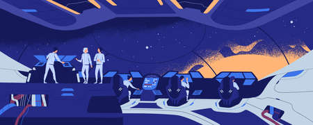 Starship, , interstellar spacecraft or spaceship and crew members standing and sitting at control...