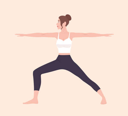 Cute slim woman in Virabhadrasana II or Warrior Pose. Female cartoon character demonstrating Hatha yoga posture. Girl performing gymnastics exercise during fitness workout. Flat vector illustration.のイラスト素材