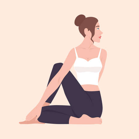 Cute funny girl in Matsyendrasana posture. Female cartoon character performing yoga, fitness or gymnastics exercise. Training yogi woman isolated on light background. Flat vector illustrationのイラスト素材