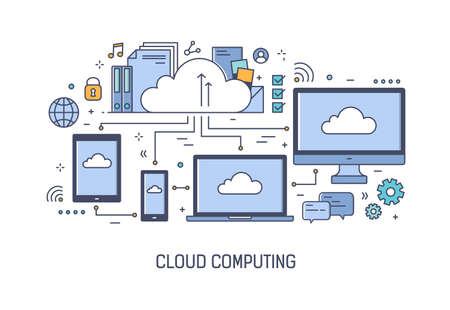 Web banner template with networked electronic devices. Cloud computing technology, information or...