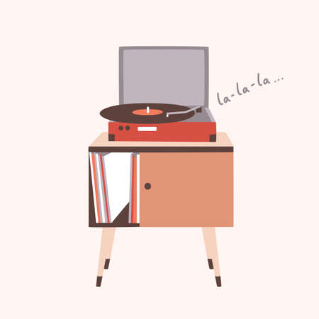 Analog music player or turntable playing song or vinyl record isolated on light background. Home...