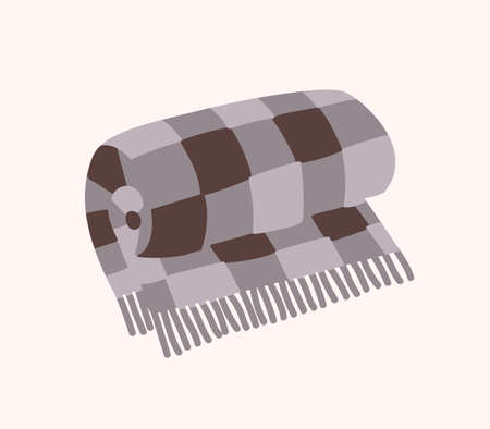 Woolen checkered plaid with fringe or warm rolled tartan blanket isolated on white background. Home decoration in Hygge style, decorative design element. Flat cartoon colorful vector illustration.のイラスト素材