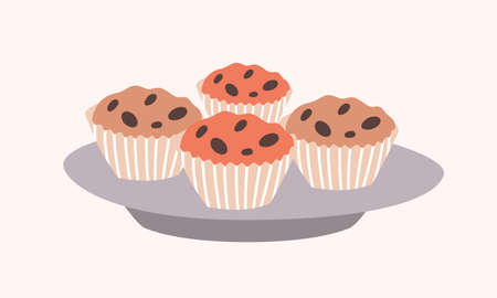 Tasty sweet cupcakes with chocolate chips lying on plate isolated on light background. Delicious baked dessert, confection or pastry. Decorative design element. Flat cartoon vector illustrationのイラスト素材