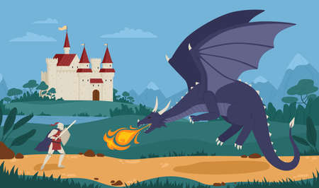Brave knight or swordsman fighting with dragon against medieval castle on background. Legendary hero struggle against evil monster. Scene from fairytale or legend. Flat cartoon vector illustration.のイラスト素材