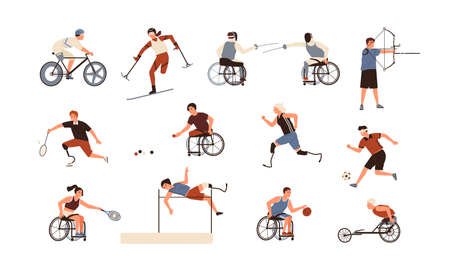 Collection of male and female paralympic athletes isolated on white background. Bundle of disabled people with prosthetic limbs performing sports activities. Flat cartoon vector illustrationのイラスト素材