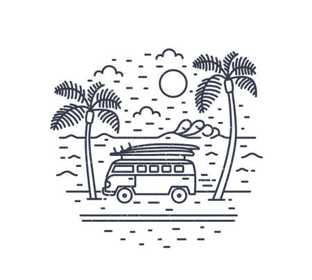 Monochrome composition with camper trailer or campervan, exotic palm trees, sea and sun drawn with contour lines. Summer vacation, road trip to tropics. Vector illustration in modern linear styleのイラスト素材