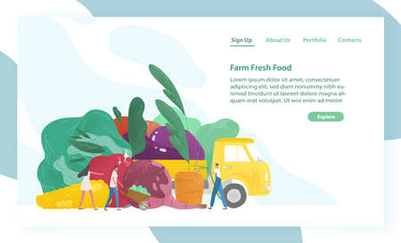 Website template with giant vegetables, truck and tiny people or farmers. Organic fresh food. Agriculture or farm market, festival or fair. Flat colorful vector illustration for event advertisement.のイラスト素材