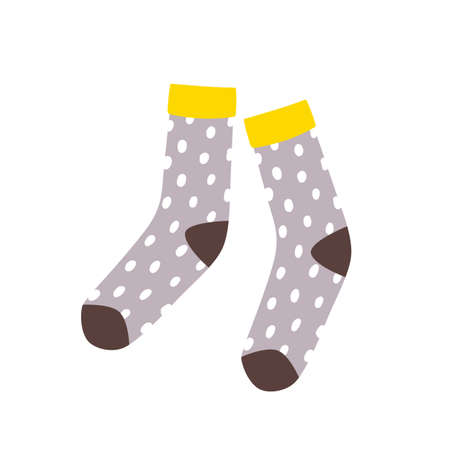 Pair of cute stylish dotted socks isolated on white background. Hand-knitted warm woolen apparel or accessory in Hygge style. decorative design element. Flat cartoon colorful vector illustrationのイラスト素材