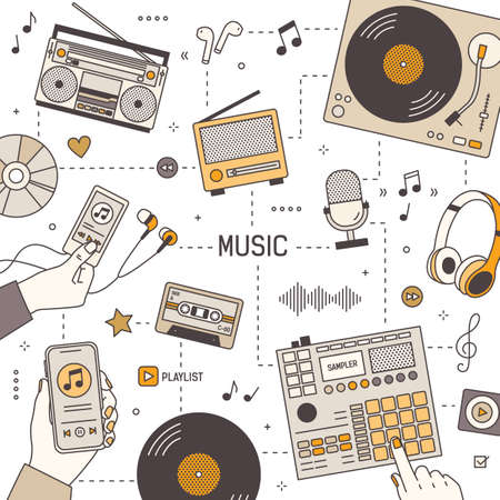 Square banner template with hands and devices for music playing, recording and listening - radio receiver, boombox, player, microphone, headphones, turntable. Vector illustration in linear styleのイラスト素材