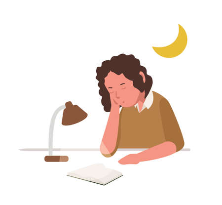 Young girl sleeping, slumbering or dozing while reading book or preparing for school lesson, examination or test. Cute student or pupil studying hard overnight. Flat cartoon vector illustrationのイラスト素材