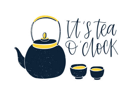 Decorative composition with elegant lettering handwritten with cursive font, teapot and cups or mugs isolated on white background. Utensils for tea steeping and drinking. Flat vector illustrationのイラスト素材