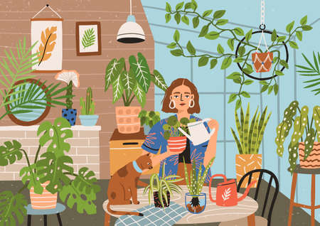 Crazy plant lady at greenhouse or home garden. Cute funny young woman with watering can taking care of houseplants growing in pots or planters. Modern vector illustration in flat cartoon styleのイラスト素材