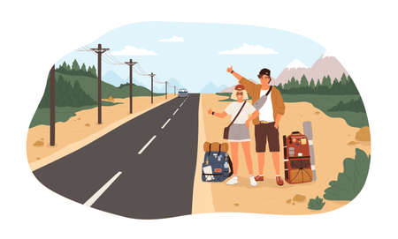 Young happy couple with backpacks standing near road and hitchhiking. Cute smiling man and woman thumbing or hitching ride. Adventure travel, road trip, tourism. Flat cartoon vector illustrationのイラスト素材