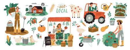 Local organic production set. Agricultural workers planting and gathering crops, working on tractor, farmer selling fruits and vegetables, farm animals, farmhouse. Flat cartoon vector illustrationのイラスト素材