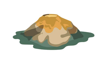 Extinct, inactive or dormant volcano with crater isolated on white background. Hazardous seismic or volcanic activity. Natural rocky landmark or landform. Colorful illustration in flat style.のイラスト素材