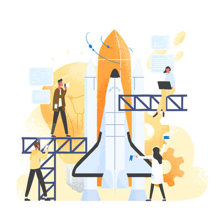 Group of people preparing spaceship, spacecraft, rocket or shuttle for space travel or mission. Clerks working together on startup company or business project launch. Modern flat vector illustrationのイラスト素材