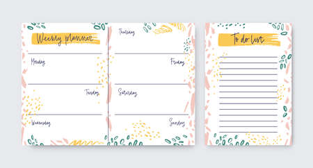 Collection of vertical weekly planner and to-do-list templates decorated by artistic scribble, daub,...