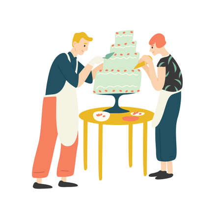 Smiling man and woman decorating cake. Happy boy and girl baking, cooking or making dessert,...