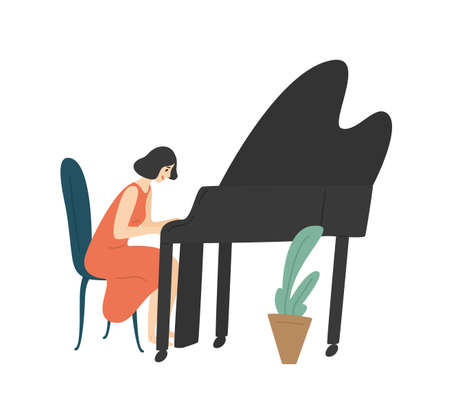 Young woman playing grand piano. Female pianist, musician or composer isolated on white background. Happy girl enjoying her hobby. Music performance or concert. Flat cartoon vector illustrationのイラスト素材
