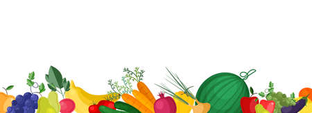 Horizontal banner template with fresh ripe locally grown fruits and vegetables at bottom edge. Vector illustration for grocery store promotion, advertisement of healthy organic veggie productsのイラスト素材