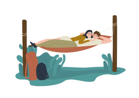 Funny young man and woman lying together in hummock. Happy cute boy and girl relaxing outdoors. Pair of tourists or hikers in adventure trip. Romantic couple hiking. Flat cartoon vector illustrationのイラスト素材