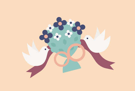 Pair of flying doves or birds carrying elegant bridal bouquet or bunch of flowers decorated by rings and ribbon. Fancy decoration for wedding celebration. Flat cartoon colorful illustration.のイラスト素材