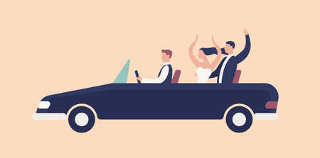 Funny newlyweds riding in cabriolet car with driver and rejoicing. Cute romantic couple celebrating...