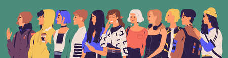 Group of happy teenagers, students, pupils or millennials. Portrait of stylish smiling teenage boys and girls standing in row or line. Young generation. Flat cartoon colorful vector illustrationのイラスト素材