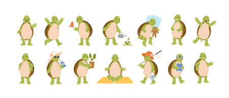 Collection of funny adorable tortoise isolated on white background. Set of cute turtle performing daily activities - sleeping, walking, watering flower, meditating. Flat cartoon illustration.のイラスト素材