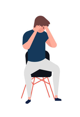 Unhappy young man sitting on chair. Depressed boy. Male character in depression, sorrow, sadness, distress, trouble. Mental disorder, illness, psychological problem. Flat cartoon vector illustrationのイラスト素材