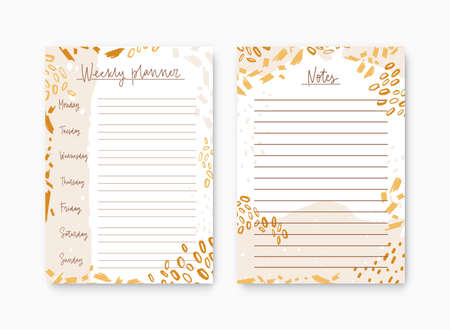 Bundle of weekly planner and list for notes templates decorated by colorful paint stains. Printable pages for diary or reminder for task organization and effective planning. Cool vector illustration.のイラスト素材