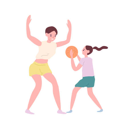 Happy mother and daughter playing basketball. Funny mom and little girl spending time at game training. Parent and child performing sports activity. Flat cartoon colorful vector illustrationのイラスト素材