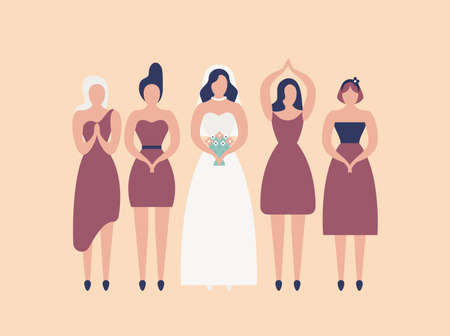 Bride in elegant white gown and bridesmaids isolated on light background. Group of cute girls celebrating wedding day or preparing for ceremony and party. Flat cartoon colorful illustration.のイラスト素材