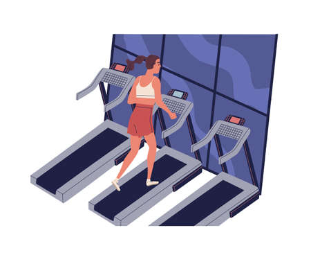 Young smiling woman running on treadmill at fitness center. Cute funny girl at daily morning jogging workout. Physical activity and everyday training. Flat cartoon colorful illustration.のイラスト素材