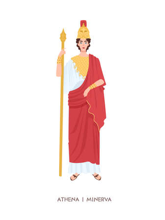 Athene or Minerva - ancient Greek or Roman goddess associated with wisdom, handicraft and warfare. Young mythical female warrior isolated on white background. Flat cartoon illustration.のイラスト素材