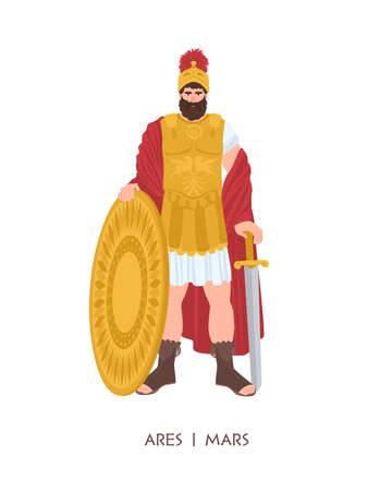 Ares or Mars - Olympian god or deity of war in Greek and Roman religion and mythology. Male character wearing armor and helmet isolated on white background. Flat cartoon colorful illustration.のイラスト素材